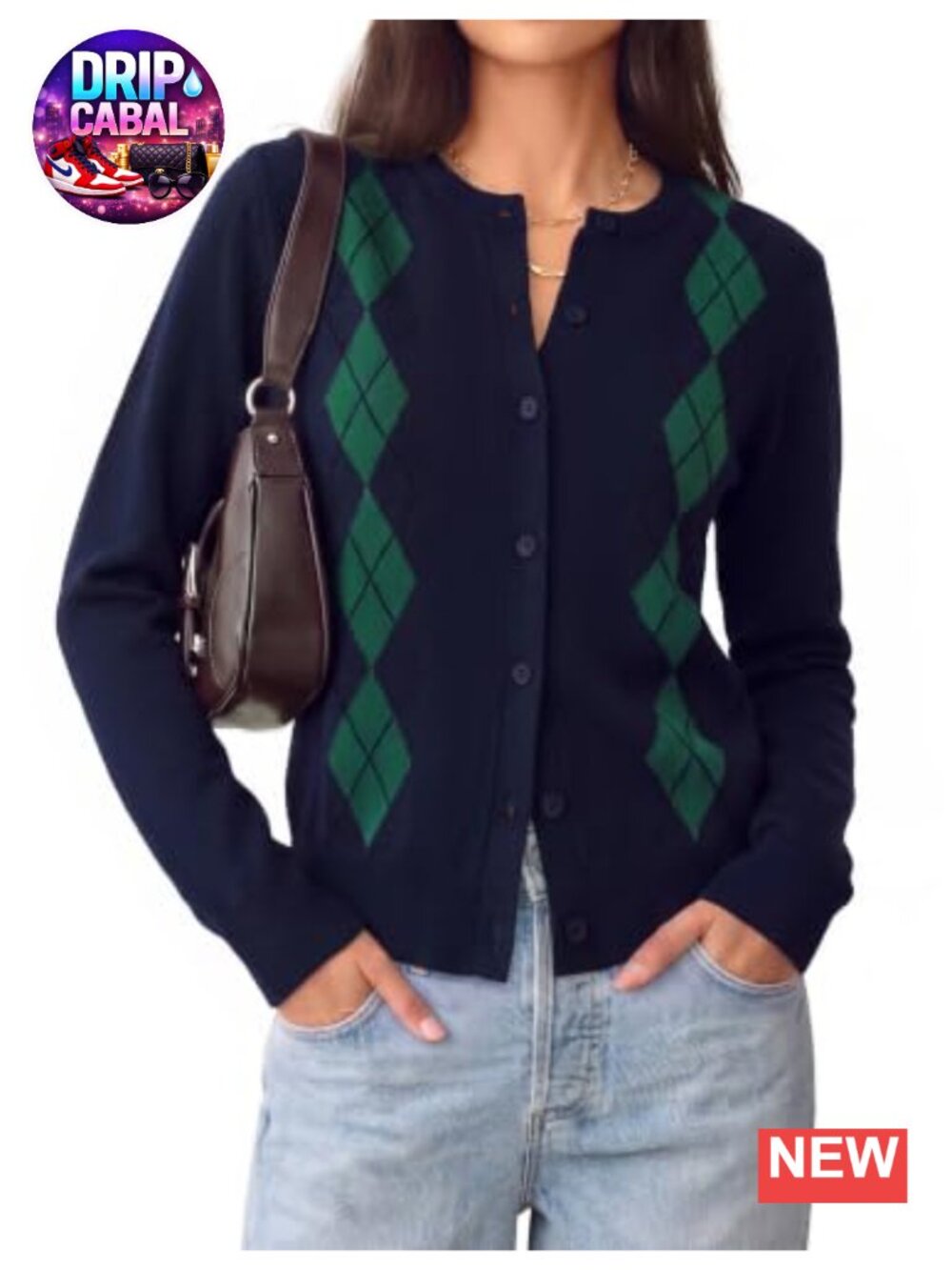 Women's Button Up Argyle Cardigan Crewneck Knit Sweater Teacher Outfit